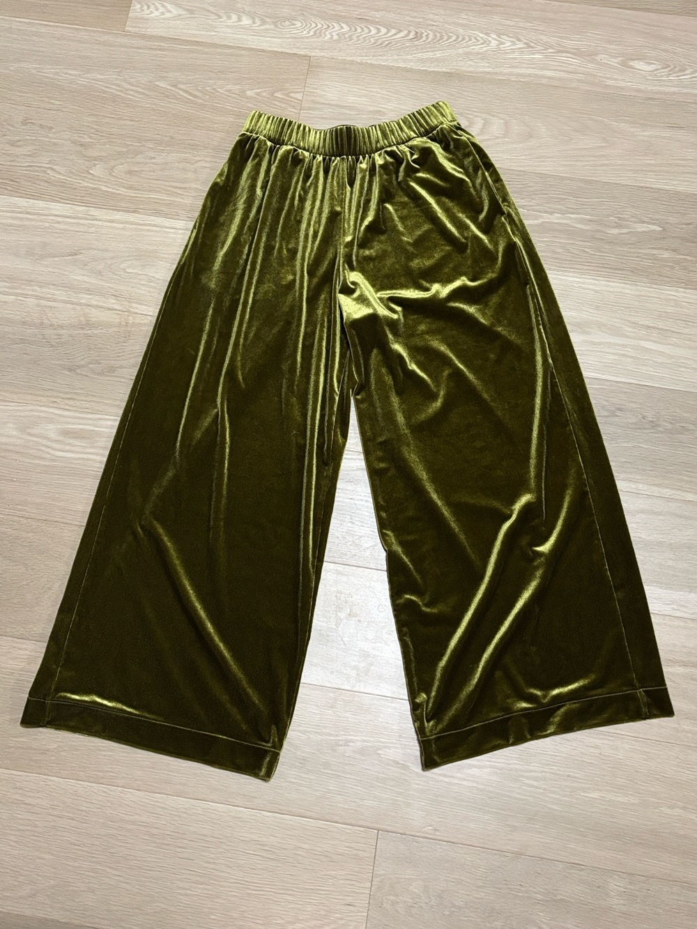 UNIQLO (M) Velour Wide Straight Leg Cropped Pants Soft Cozy Stretch Olive Green - Picture 6 of 14